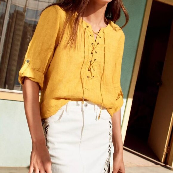 NWOT Maeve Linen Lace-Up Blouse in Mustard Yellow - Size 4 - Picture 6 of 10
